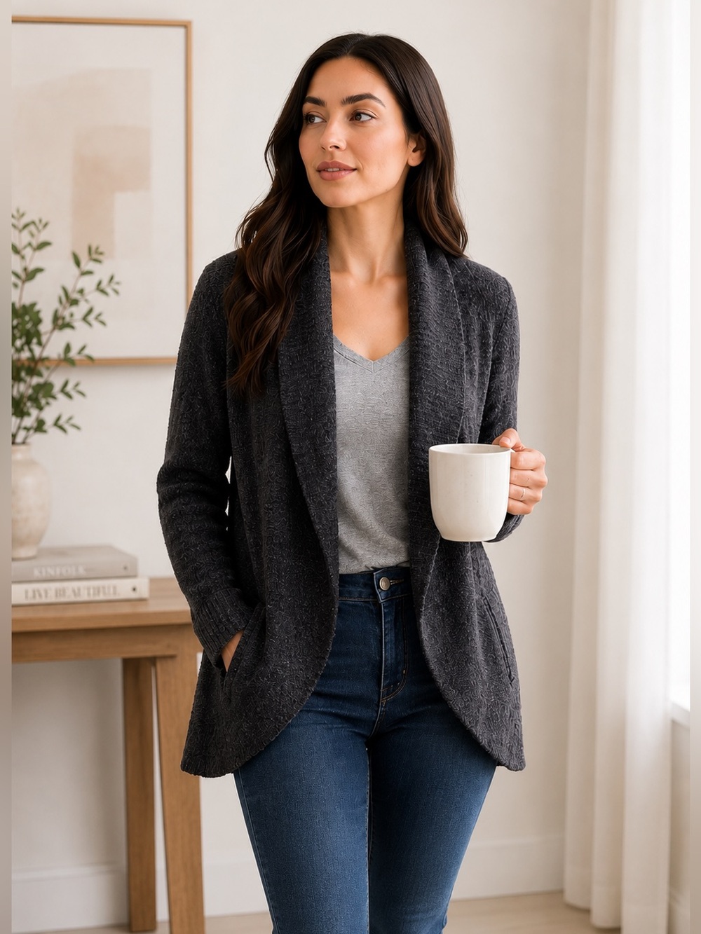 Barefoot Dreams Style 452 CozyChic Lite Circle Cardigan Charcoal Gray M